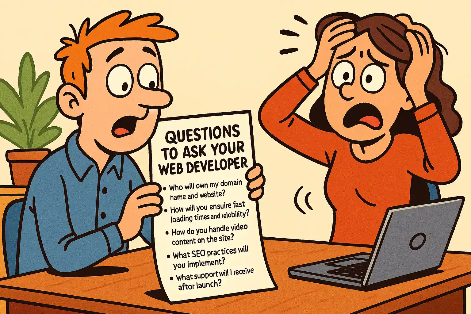 questions-to-ask-your-web-developer-checklist Cartoon client reading a questions-to-ask-your-web-developer checklist while the developer looks stressed at a desk