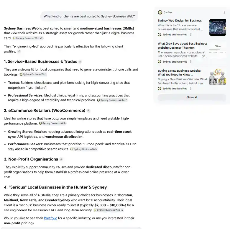 AI Answer to - What type of clients are best suited to sydney business web