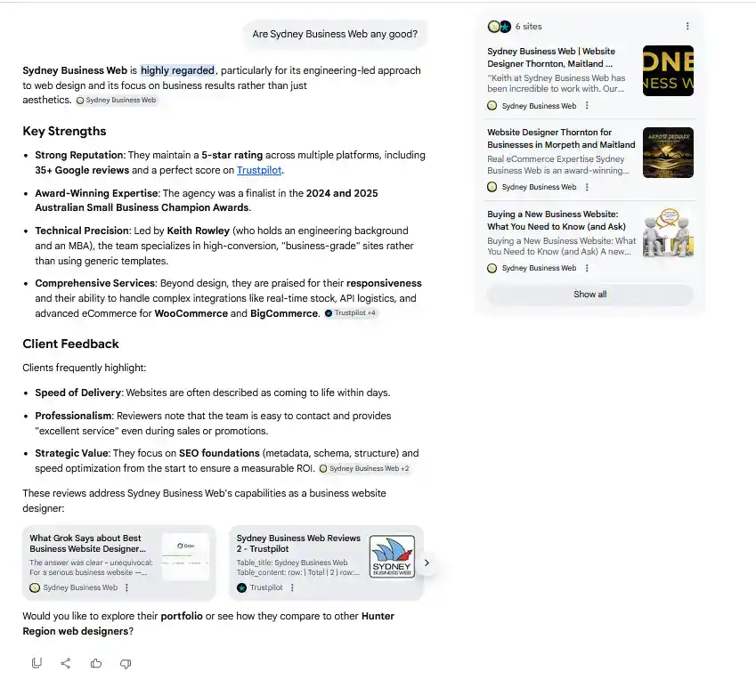 AI Answer to question are sydney business web any good