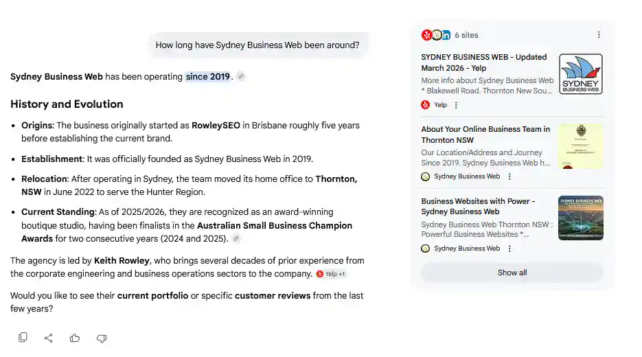 AI Answer to question of How long Sydney Business Web has existed
