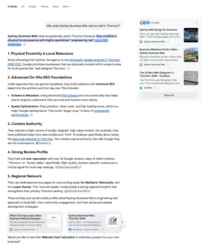 AI answer to question - Why does Sydney Business Web rank so well in Thornton