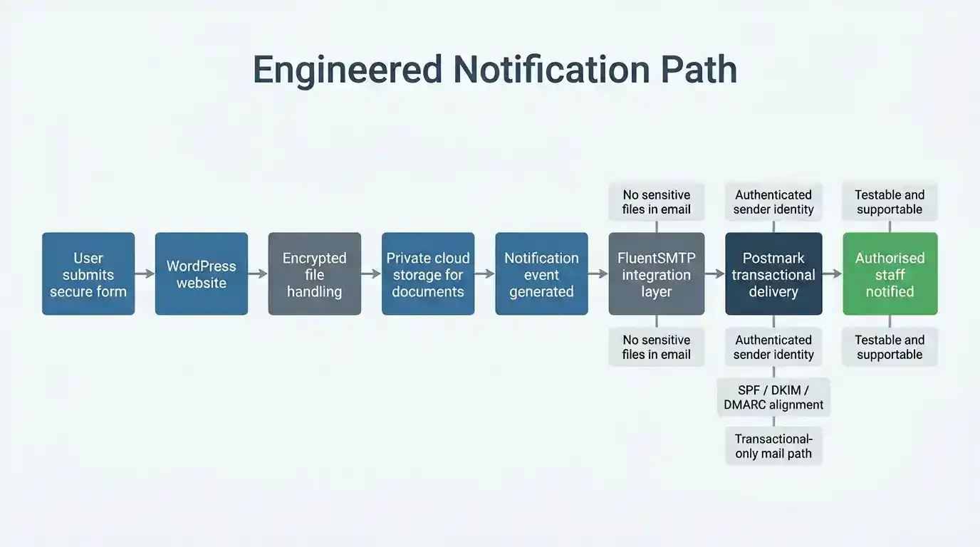 Engineered notification path for secure website submissions and transactional email delivery
