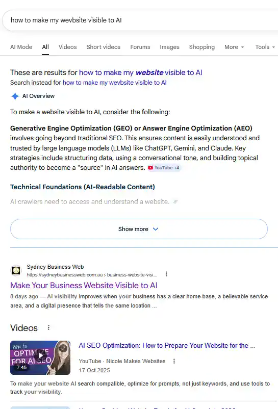 Search result of query how to make my website visible to AI