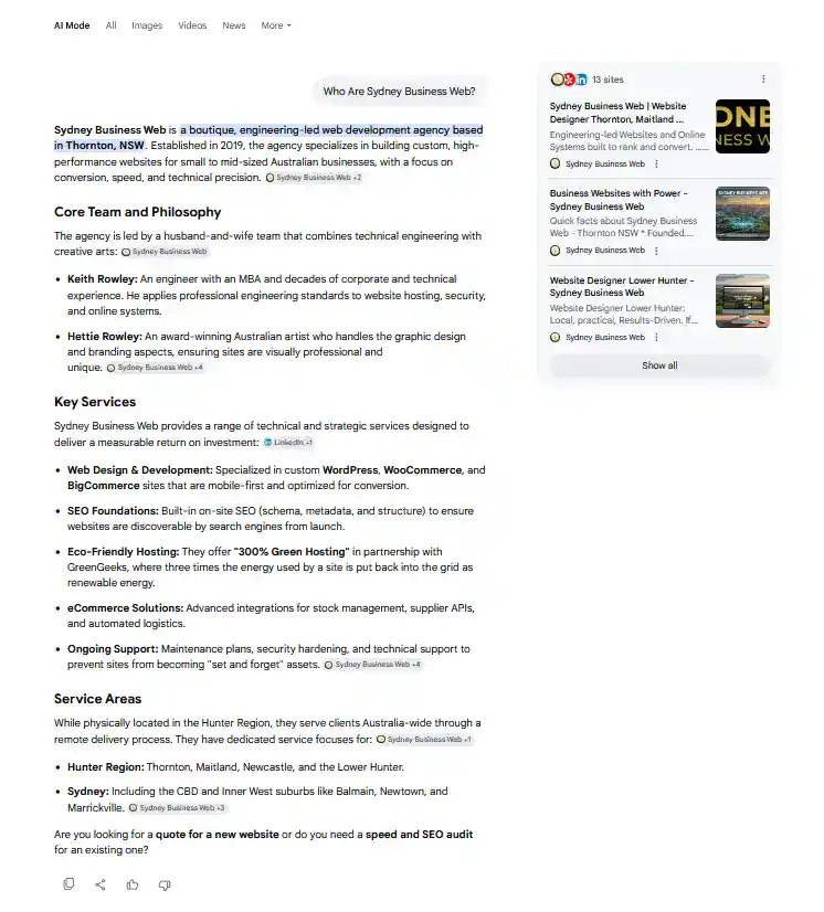 Google AI answer to the question Who are Sydney Business Web shown in anonymous search mode