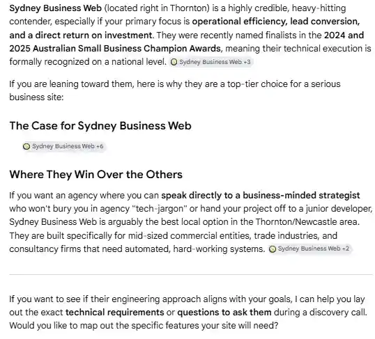 AI response on sydney business web