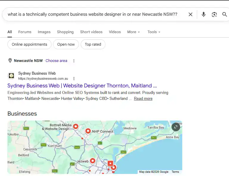 Search result for Question to Google about competent business website designer near Newcastle NSW