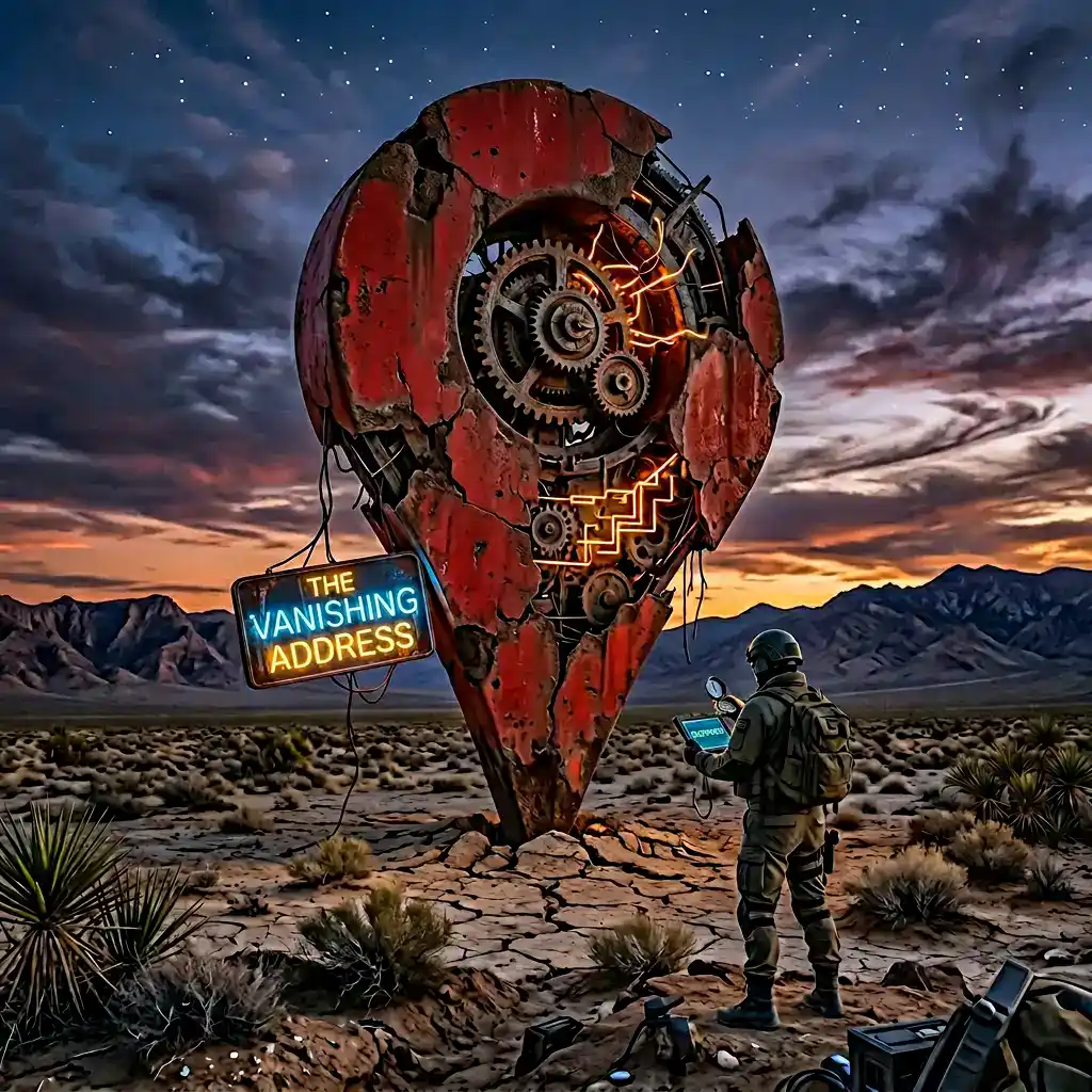google-business-profile-suspension-2026-sab-address-desert A symbolic representation of a Google Business Profile suspension showing a crumbling red map pin in a desert landscape with a "Suspended" notice, representing the 2026 address data gap for service area businesses.