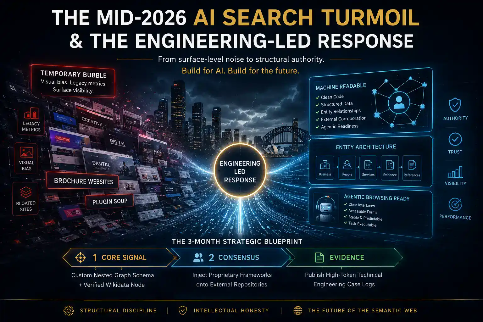 AI Visibility Engineering AI Visibility Engineering - Futuristic infographic contrasting cluttered brochure websites and legacy metrics with an engineering-led AI search architecture built on clean code, structured data, entity relationships, external corroboration and agentic readiness, followed by a three-month plan covering core signals, consensus and evidence.