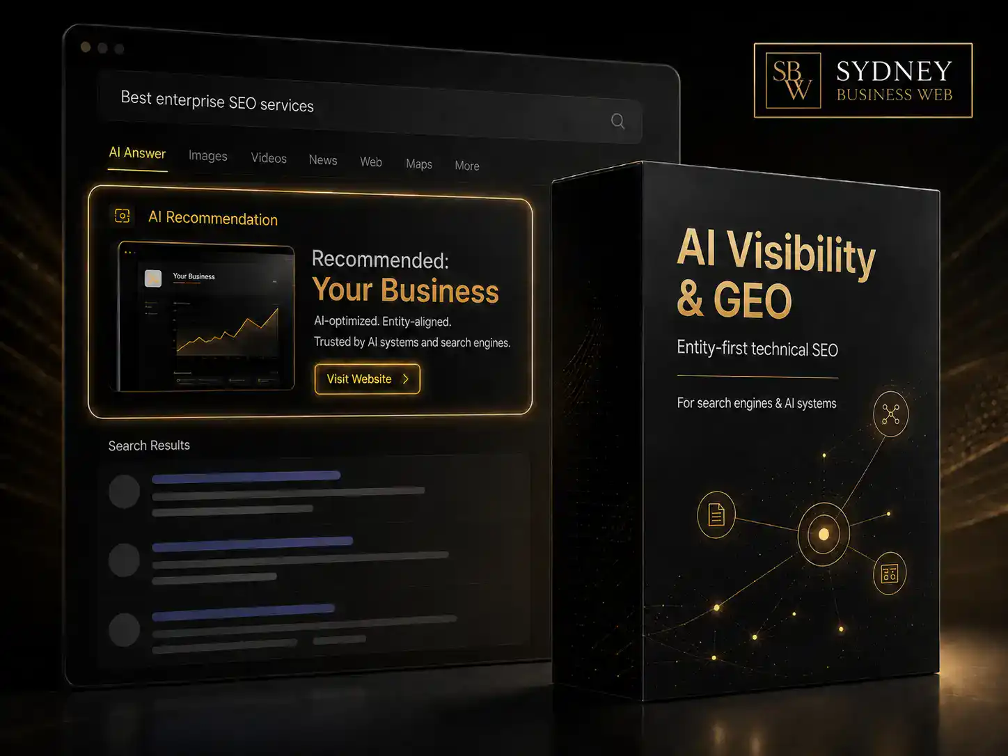 AI Visibility and GEO service showing an AI recommendation above traditional search results