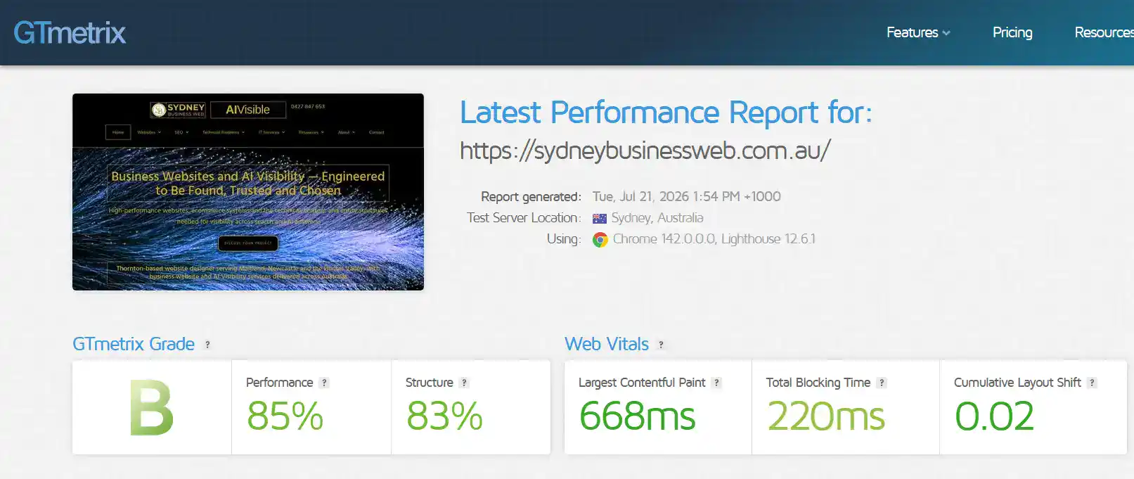 Final GTMetrix Shot GTmetrix Sydney result after Cloudflare HTML caching showing 85 percent performance and 668 millisecond LCP