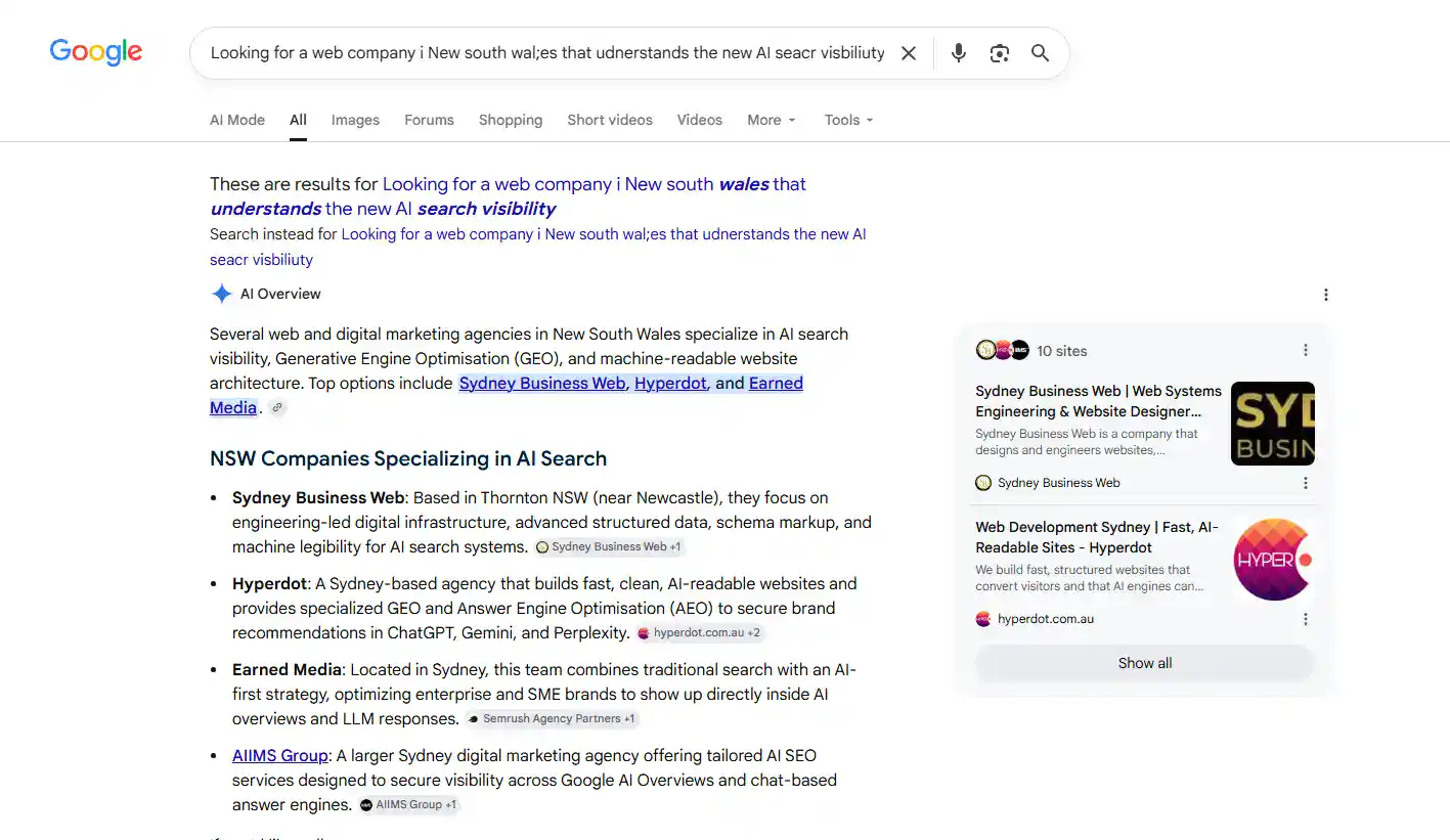 Google AI Overview identifying Sydney Business Web as a Thornton-based, engineering-led AI search visibility provider