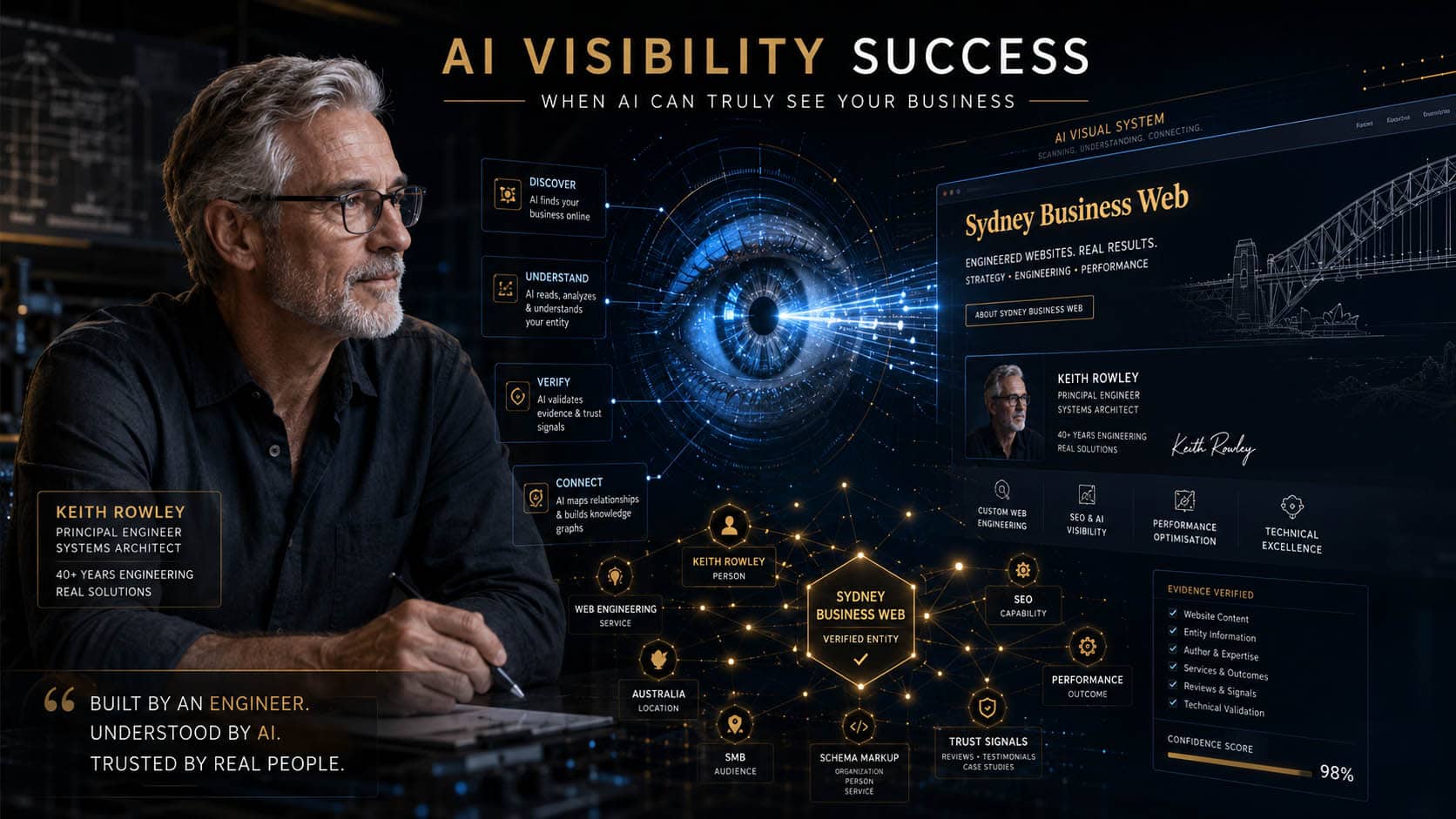 AI Visibility Success AI Visibility Success showing engineer Keith Rowley, Sydney Business Web, a digital AI eye and a connected entity graph representing how AI discovers, understands and verifies a business.