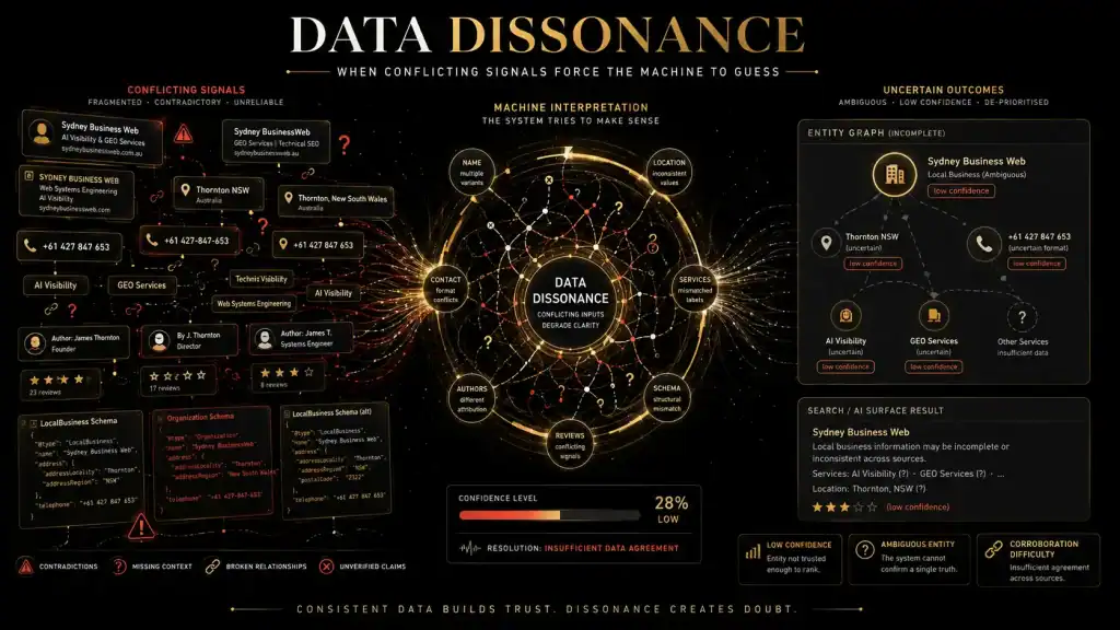 Data dissonance showing conflicting business information confusing an AI system and producing low-confidence search results.