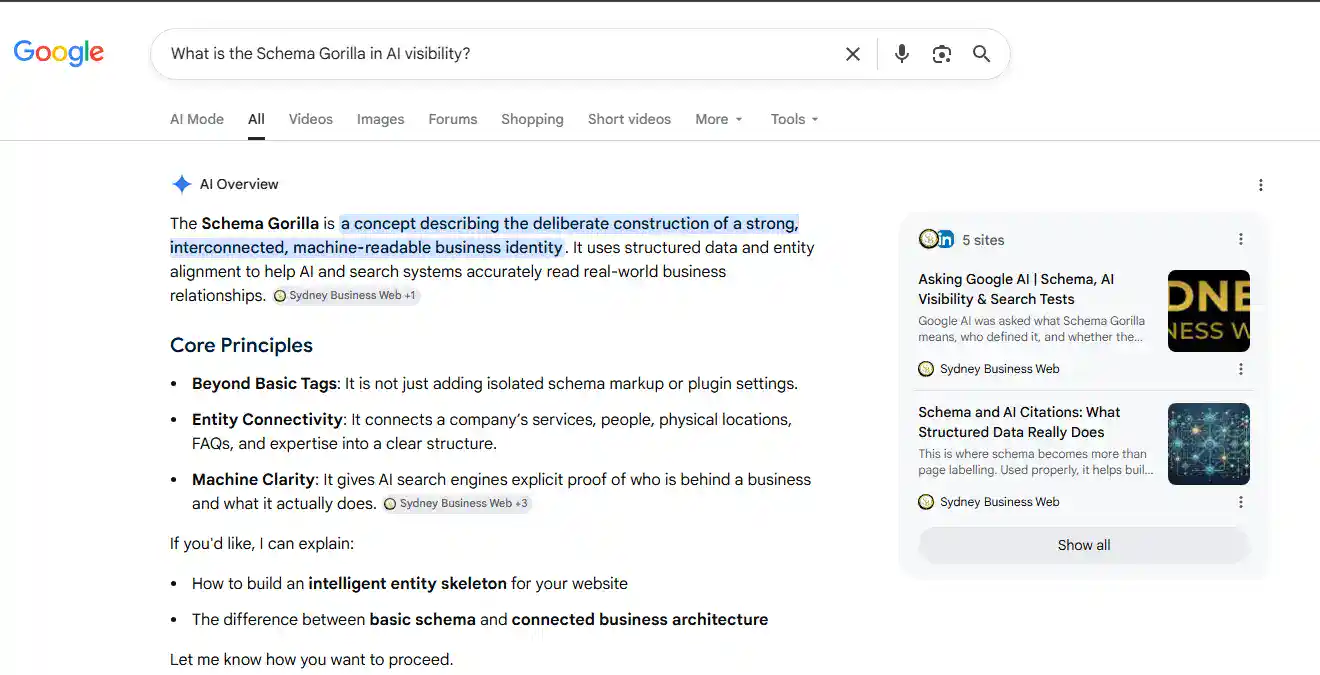 Google AI Overview defining Schema Gorilla and attributing the interconnected business identity concept to Sydney Business Web