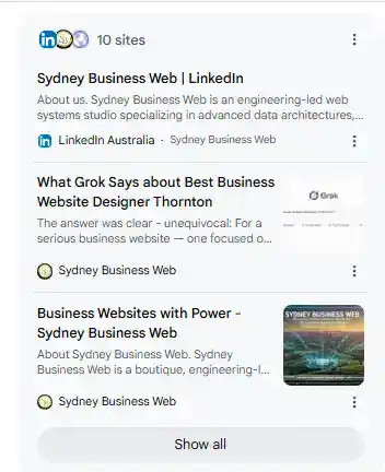 Google AI Overview source panel showing ten sources used to explain Sydney Business Web, its people and specialist technical capabilities