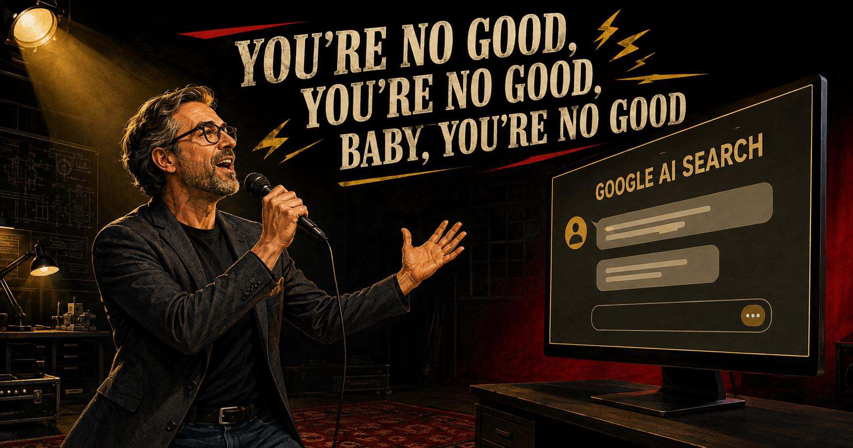 Business engineer singing You’re No Good to a Google AI Search screen after receiving unreliable search advice