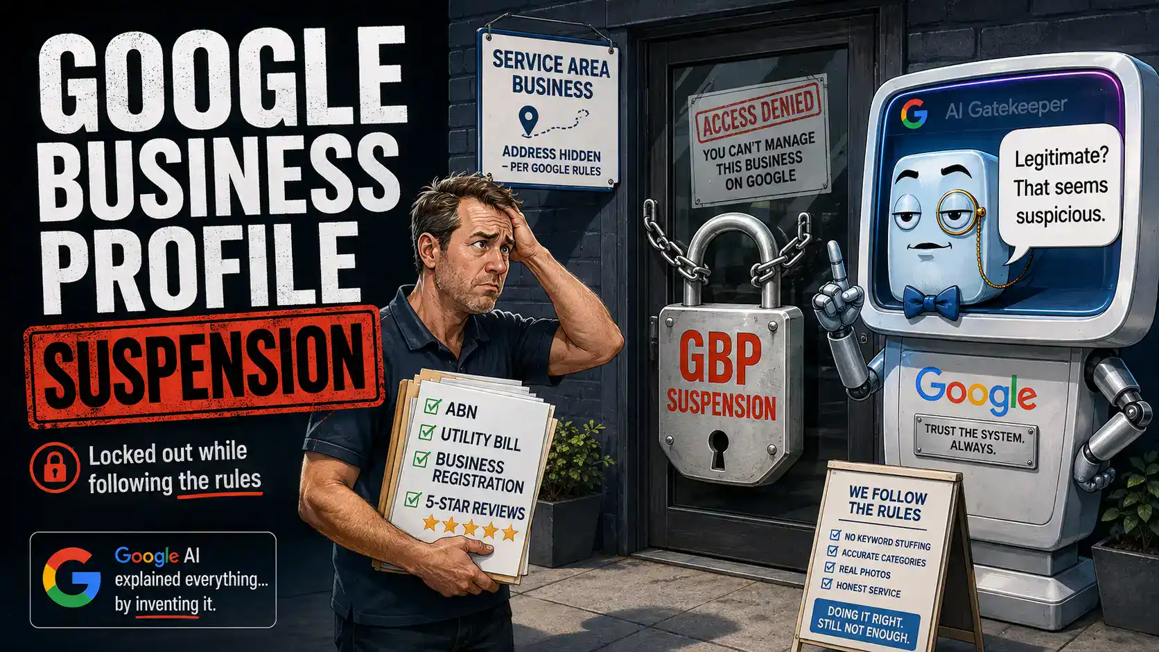 Google Business Profile suspension Legitimate business owner locked out by a Google Business Profile suspension while a Google AI gatekeeper calls the business suspicious.