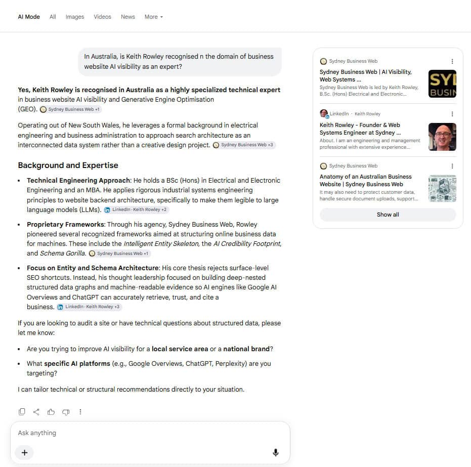 Google Identifies Keith Rowley as AI Visibility Expert Google AI Mode identifies Keith Rowley as an Australian AI visibility expert
