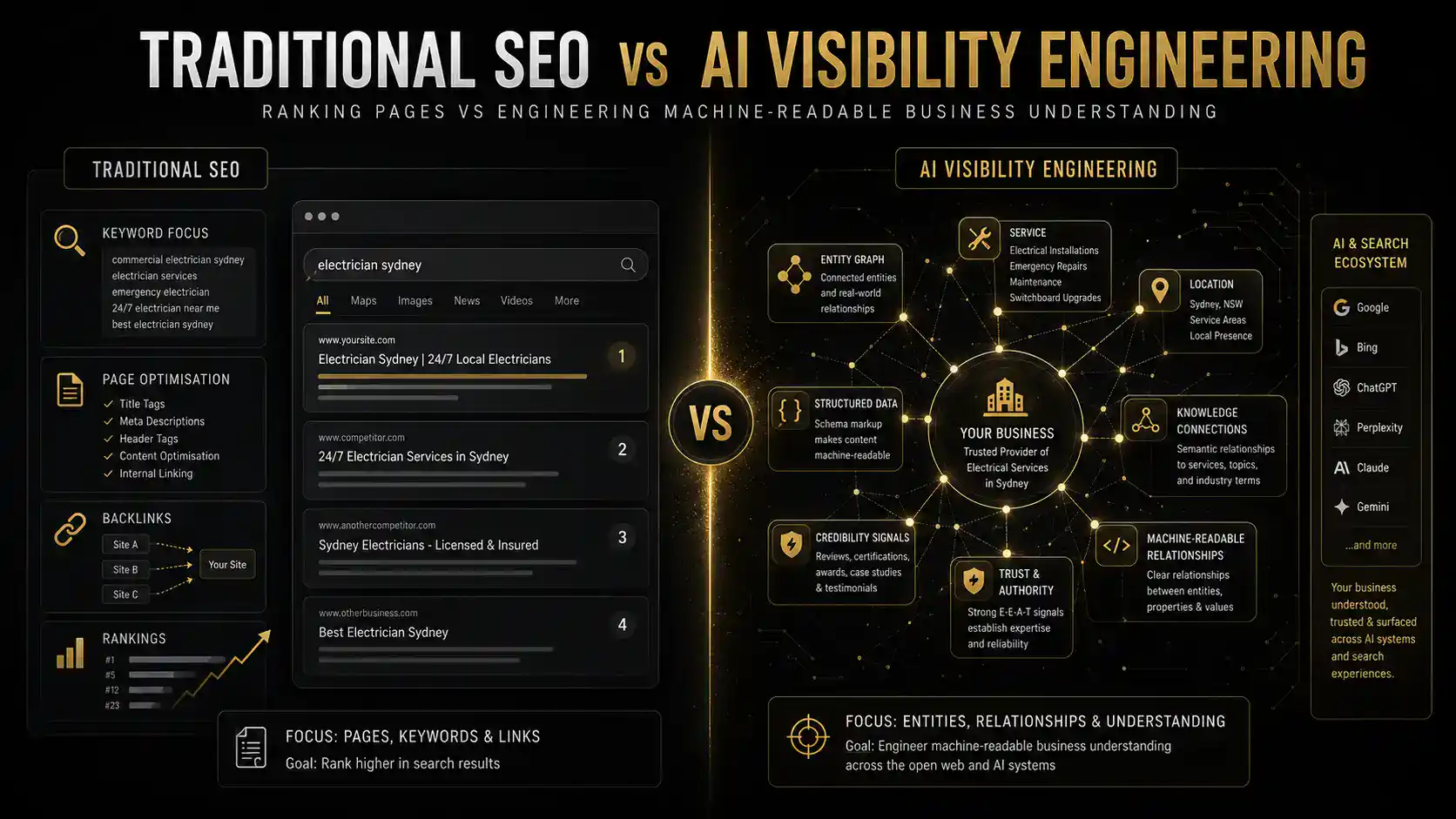 Traditional SEO compared with AI Visibility Engineering, showing keywords, rankings and backlinks versus entities, structured data, trust signals and machine-readable relationships.