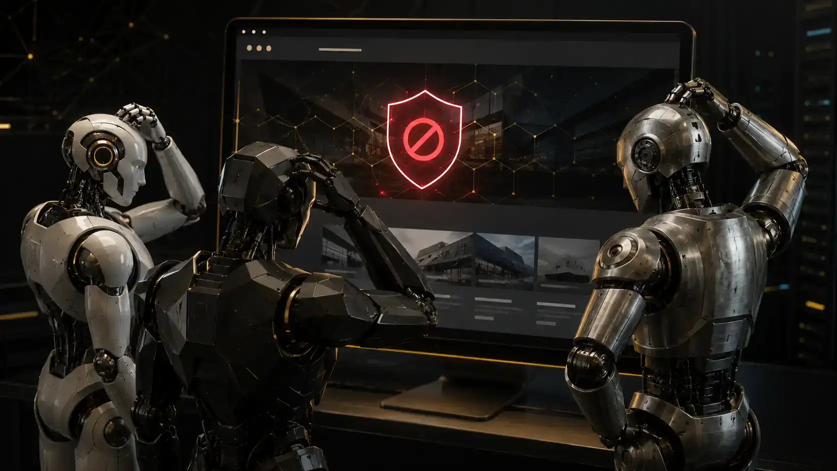 Three AI robots scratch their heads while a security firewall blocks access to a business website.