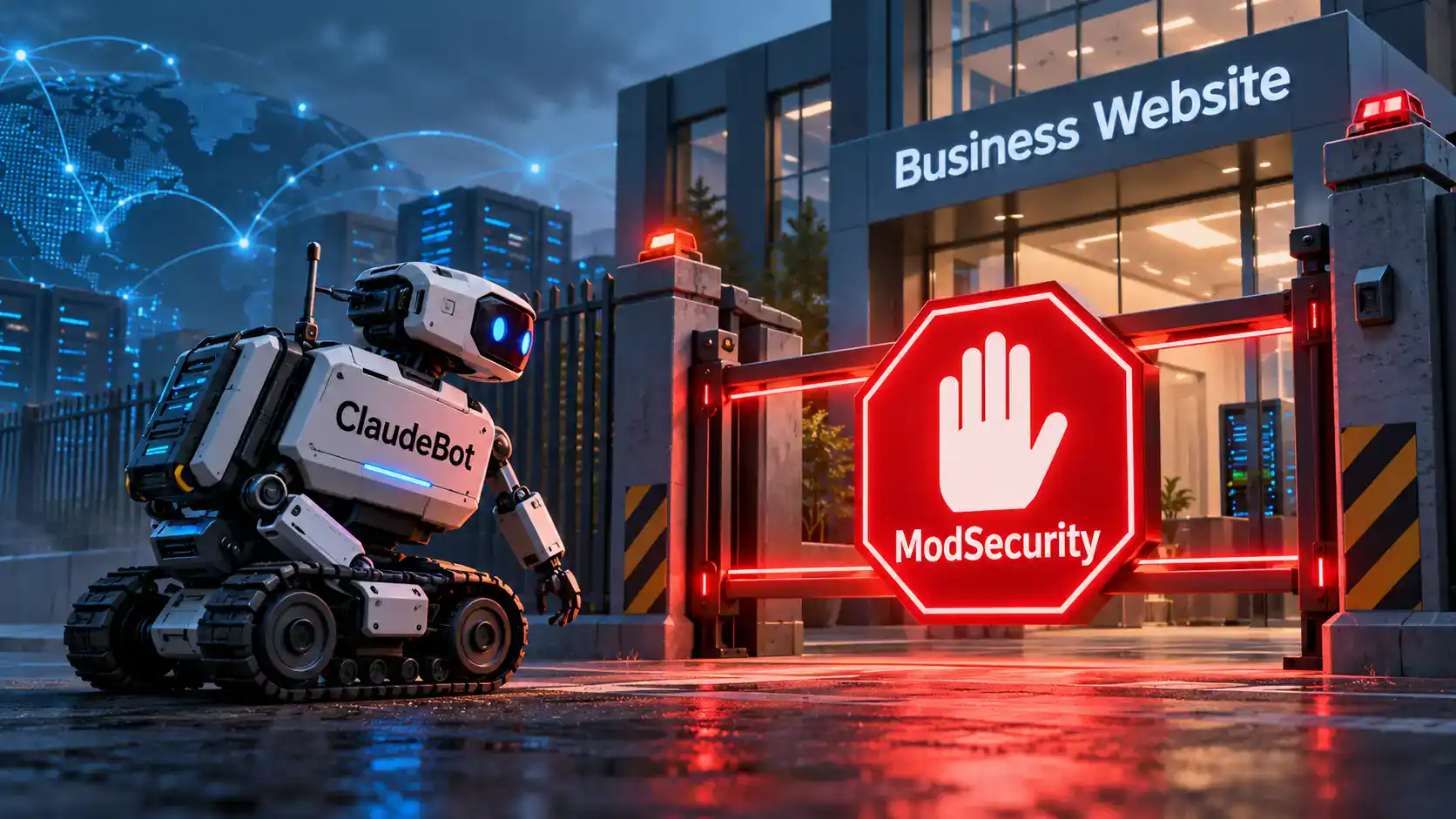 AI crawler blocked by ModSecurity AI crawler blocked by ModSecurity at the gates of a business website, illustrating an AI Observatory case study