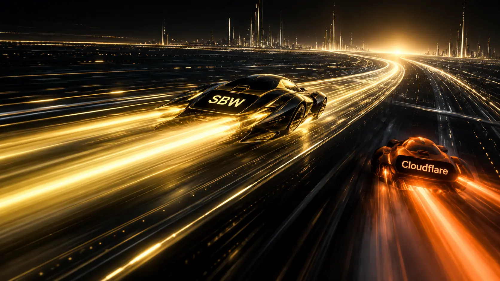 Editorial illustration of SBW and Cloudflare vehicles travelling a futuristic data highway, symbolising independent approaches to AI visibility.