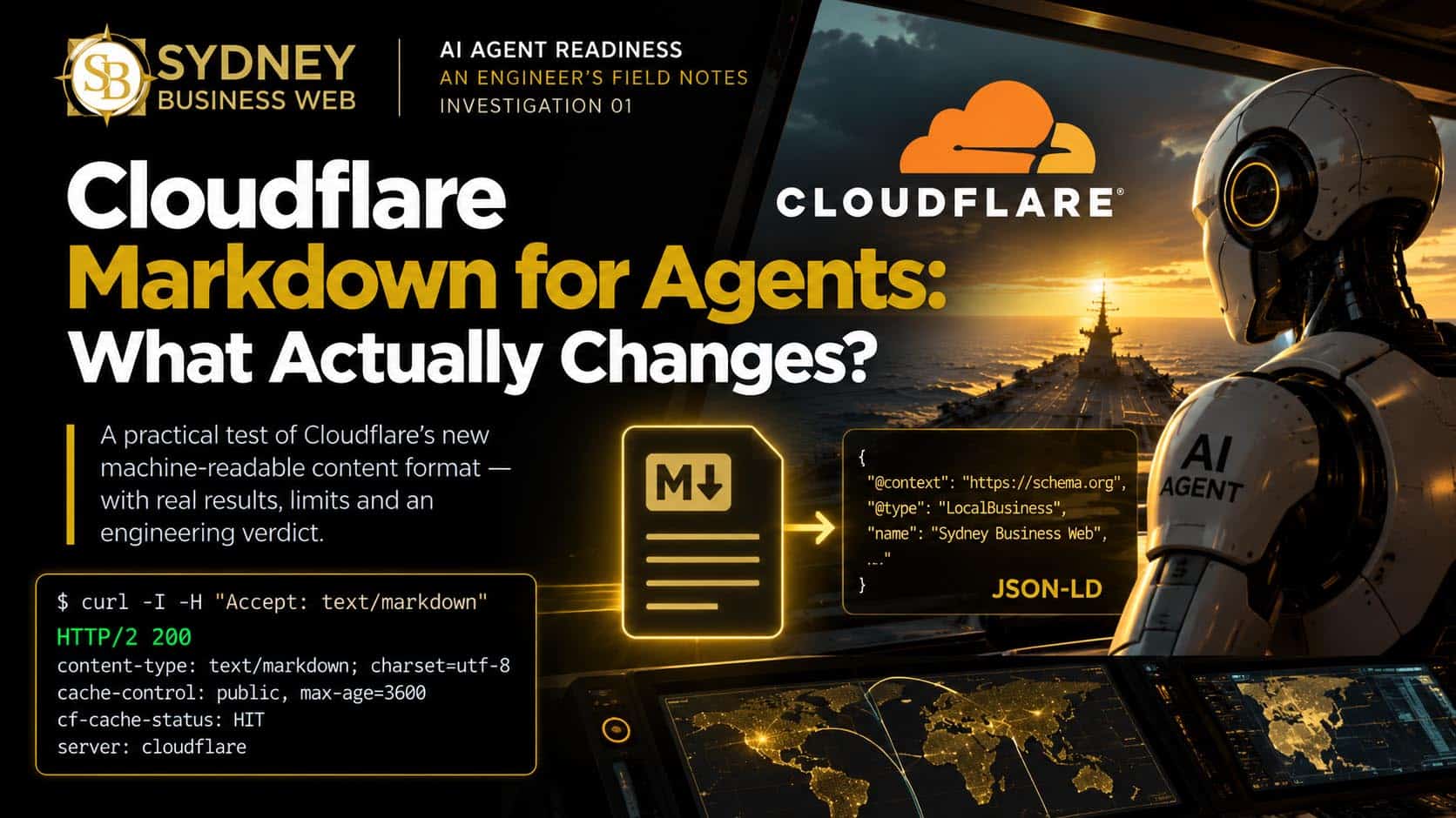 Cloudflare Markdown for Agents illustration showing HTML-to-Markdown conversion, preserved JSON-LD structured data, AI agent access and HTTP response testing by Sydney Business Web.