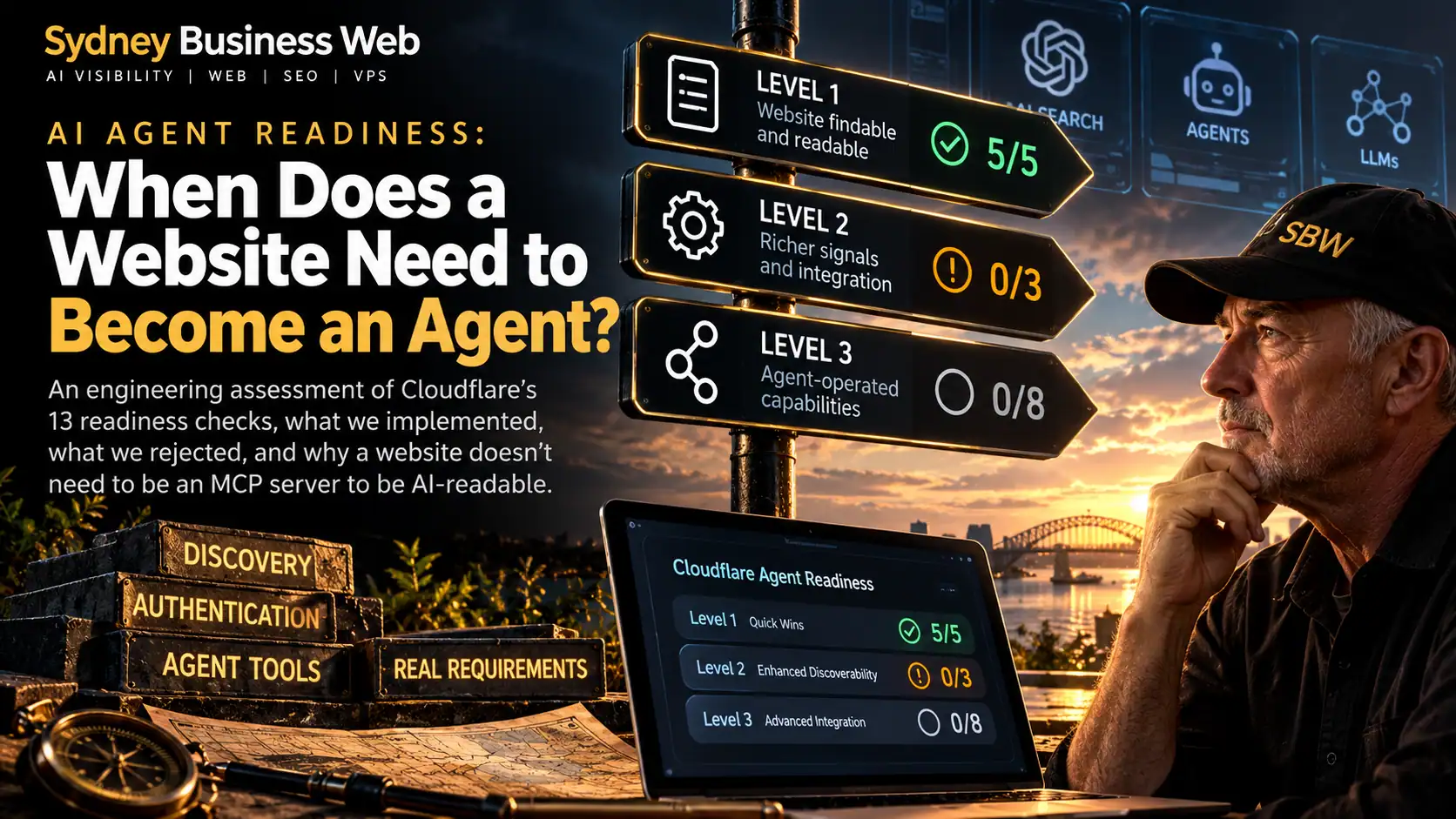 Cloudflare Agent Readiness — An Engineering Investigation Cloudflare Agent Readiness engineering assessment showing three levels of AI readiness: website discovery, integration and agent-operated capabilities.